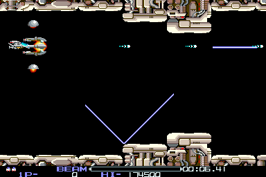 Stage 1 boss room, the fully armed ship, the timer on the HUD