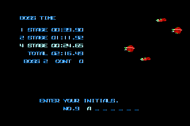 The run's panel: each stage's time, the total, the bosses beaten and the continues, then ENTER YOUR INITIALS